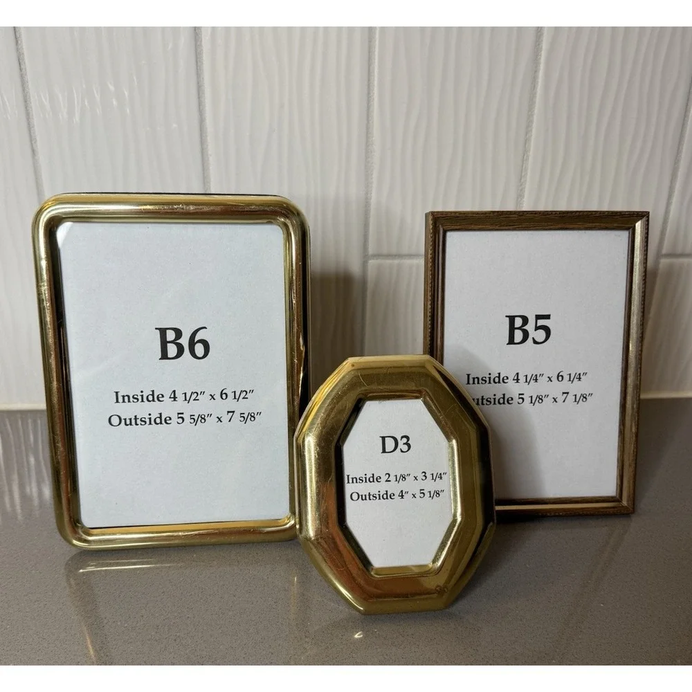 Lot of 3 Vintage MCM Brass Metal Picture Frame Gold Tone 6x8, 5x7 & 4x5 Outside